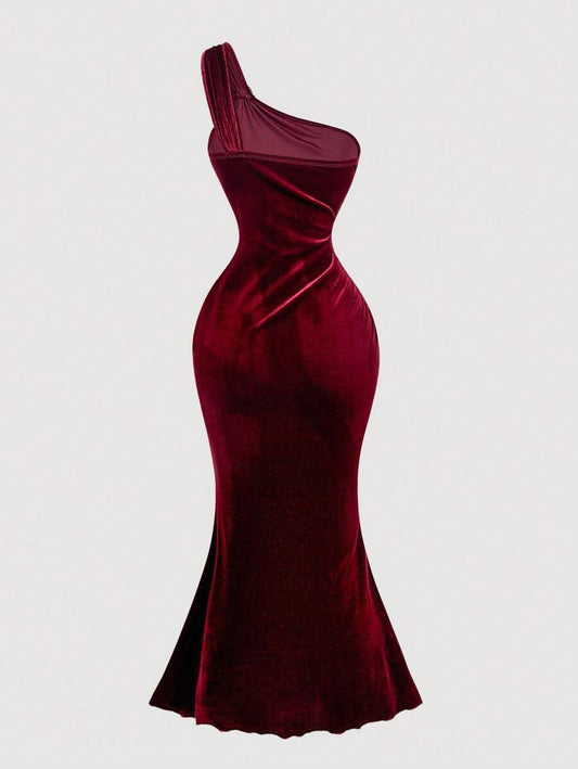 SHEIN MOD فستان ماكسي أنيق بكتف واحد وكشكشة