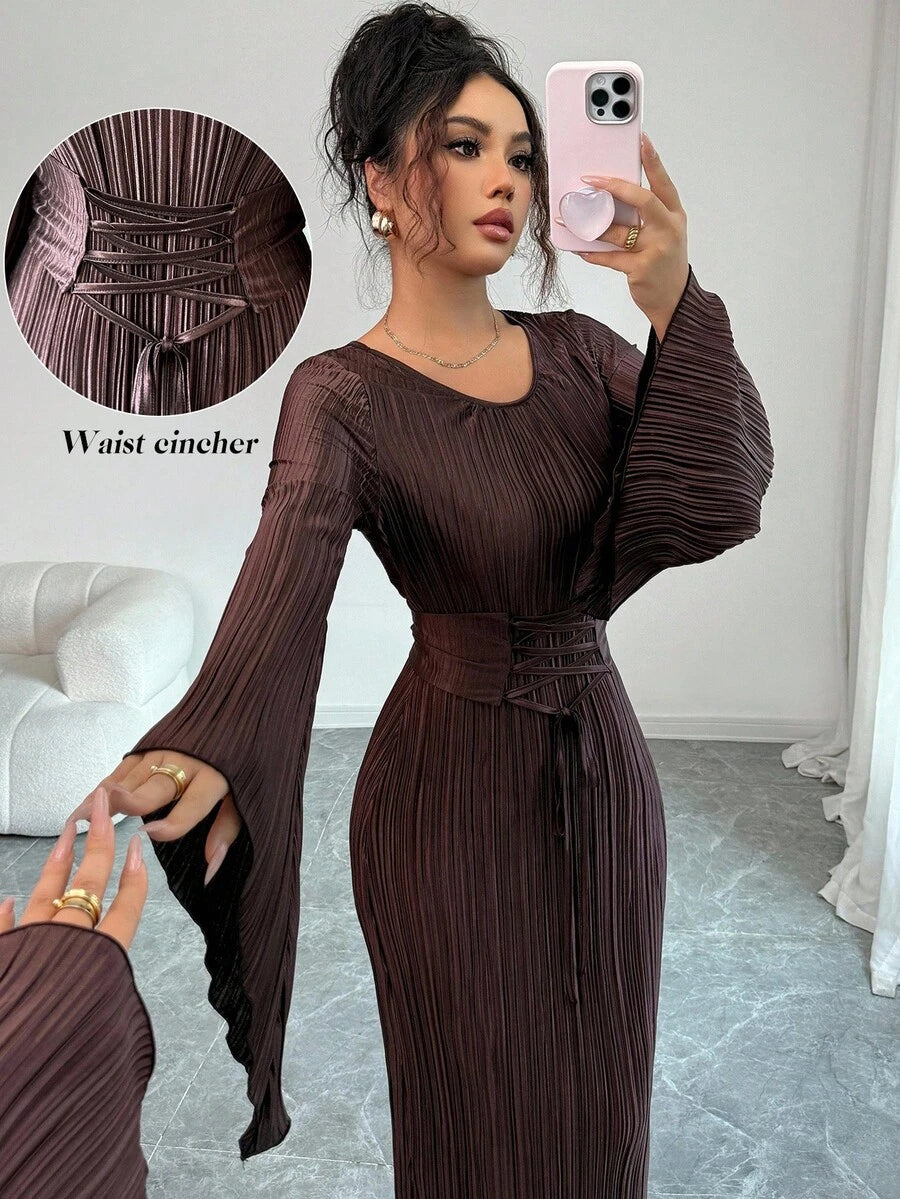 SHEIN Elenzga فستان بني أنيق بأكمام طويلة وربطة خصر