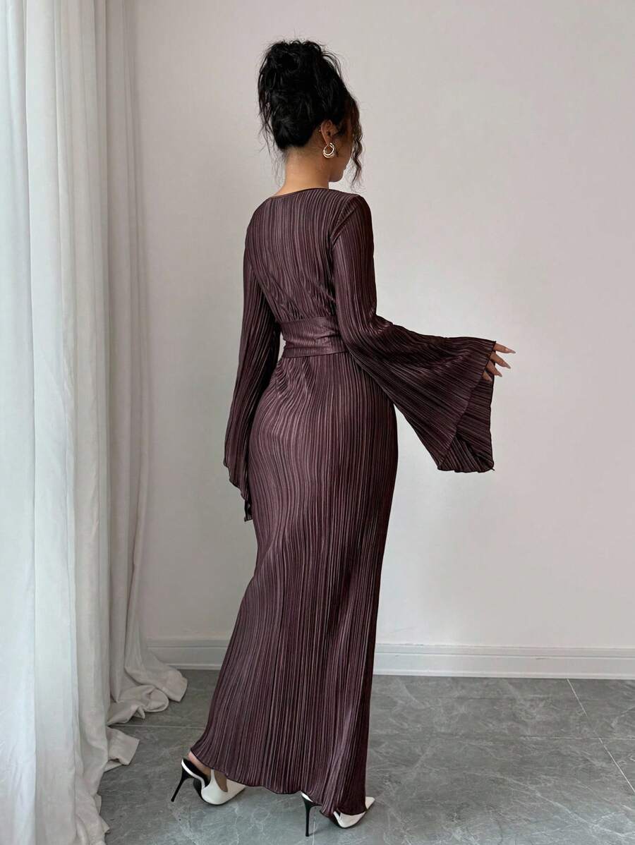 SHEIN Elenzga فستان بني أنيق بأكمام طويلة وربطة خصر
