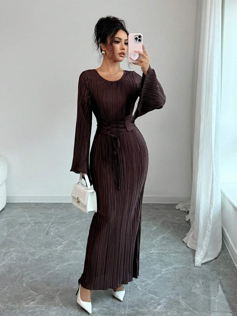 SHEIN Elenzga فستان بني أنيق بأكمام طويلة وربطة خصر