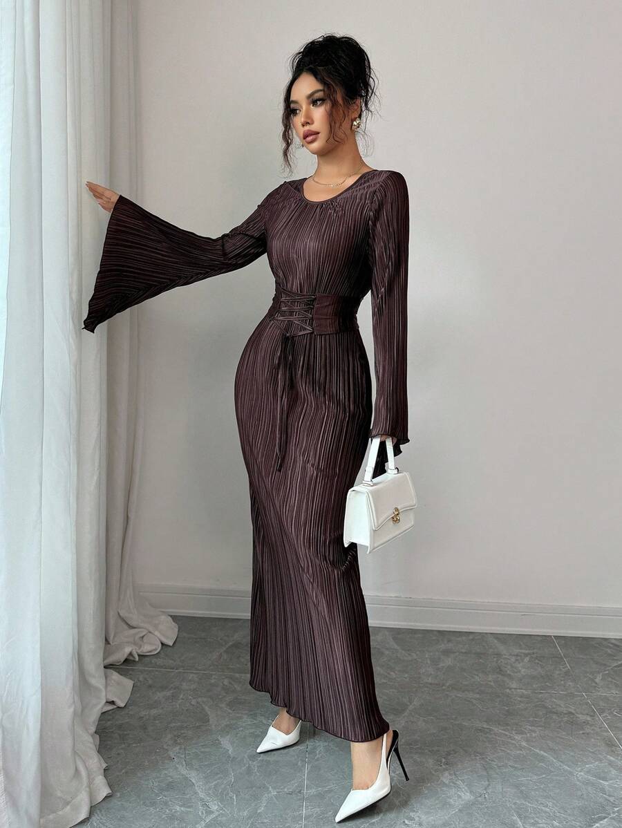 SHEIN Elenzga فستان بني أنيق بأكمام طويلة وربطة خصر