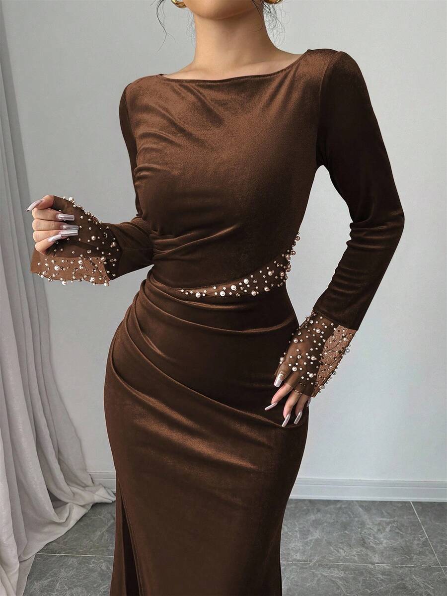 SHEIN Elenzga فستان مخملي لون بني