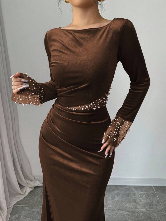 SHEIN Elenzga فستان مخملي لون بني