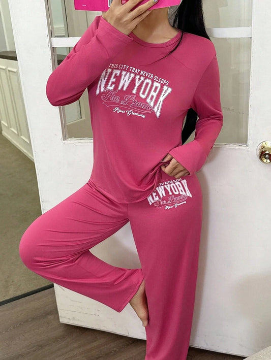 SHEIN Miss Vinta طقم بيجامة بأكمام طويلة وبنطال فضفاض بطباعة حرفية