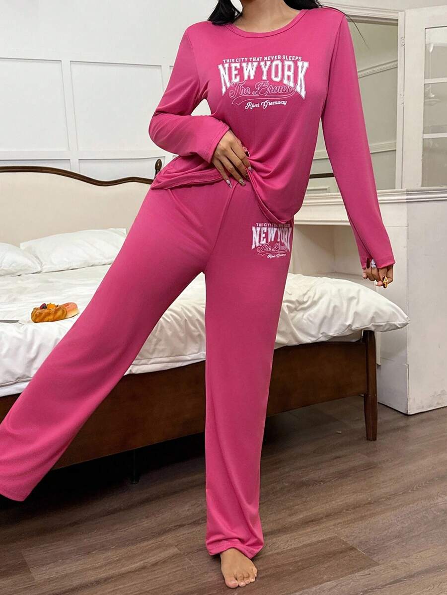 SHEIN Miss Vinta طقم بيجامة بأكمام طويلة وبنطال فضفاض بطباعة حرفية