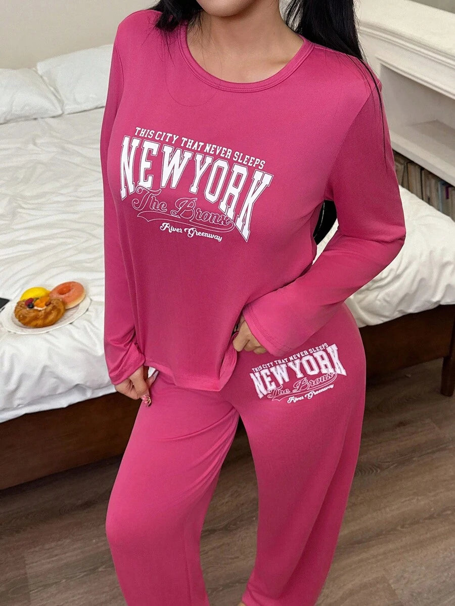 SHEIN Miss Vinta طقم بيجامة بأكمام طويلة وبنطال فضفاض بطباعة حرفية