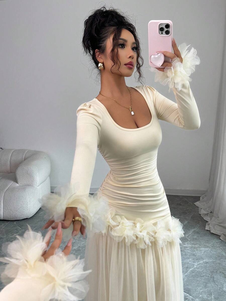 SHEIN Elenzga فستان متوسط الطول بأكمام طويلة وتطريز دانتيل