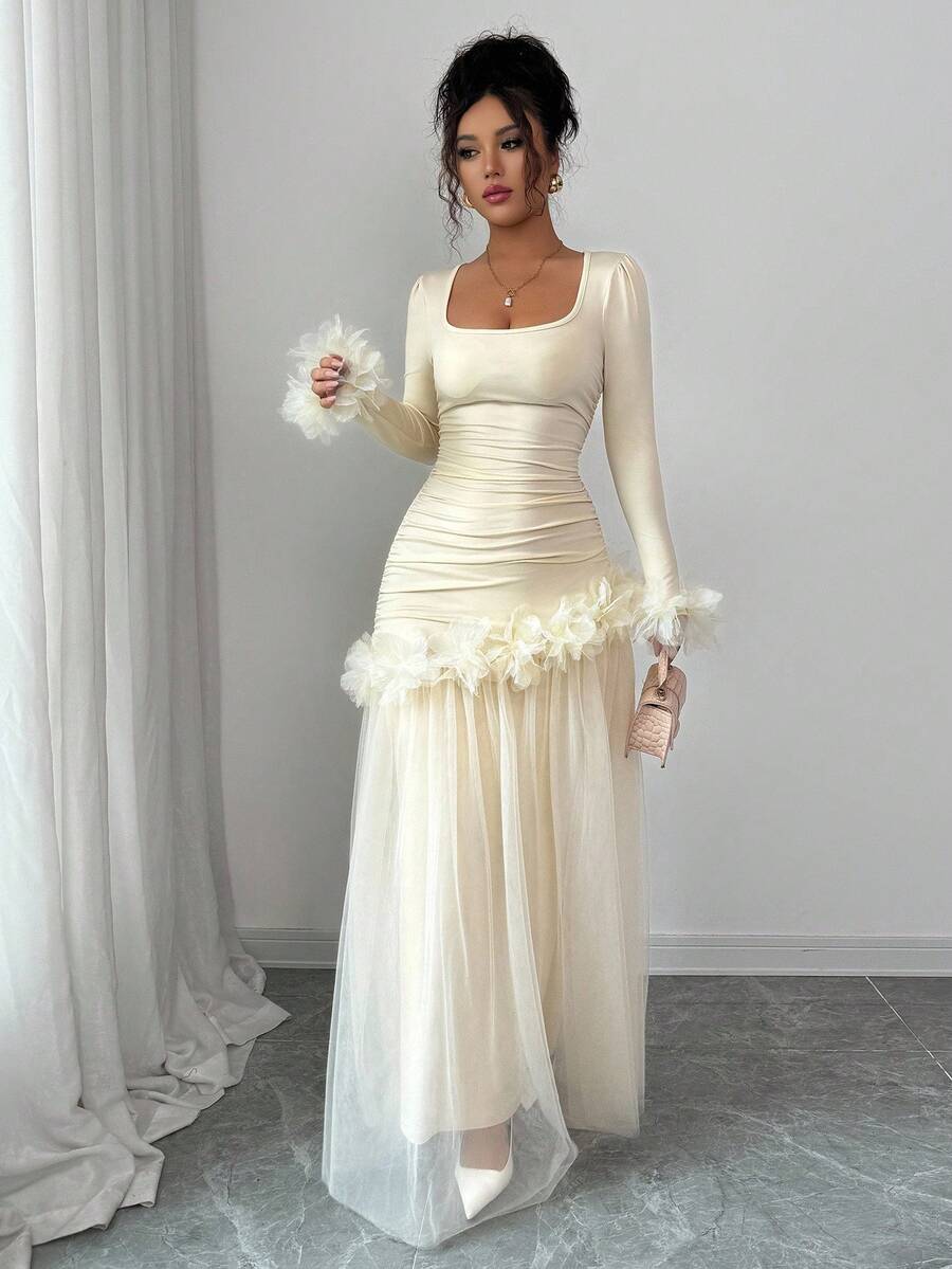 SHEIN Elenzga فستان متوسط الطول بأكمام طويلة وتطريز دانتيل