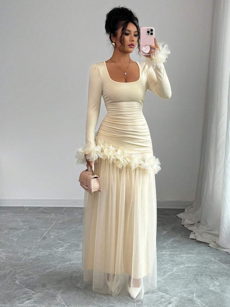 SHEIN Elenzga فستان متوسط الطول بأكمام طويلة وتطريز دانتيل