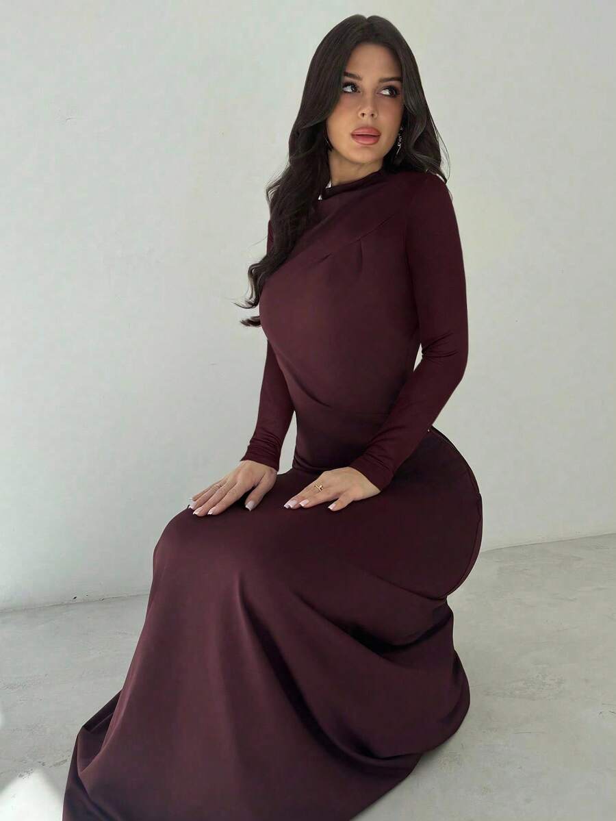 SHEIN Firerie فستان ماكسي عنابي محبوك بخصر مربوط