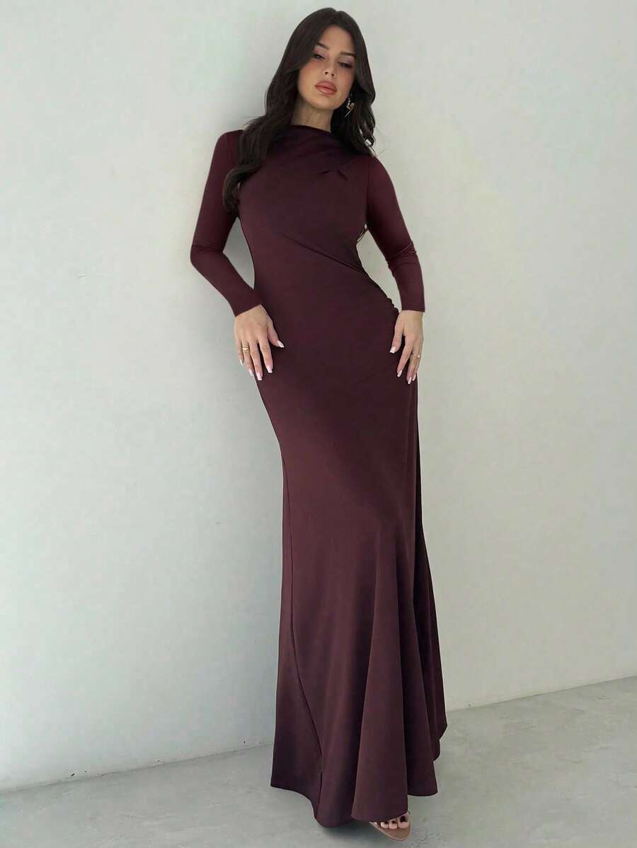 SHEIN Firerie فستان ماكسي عنابي محبوك بخصر مربوط