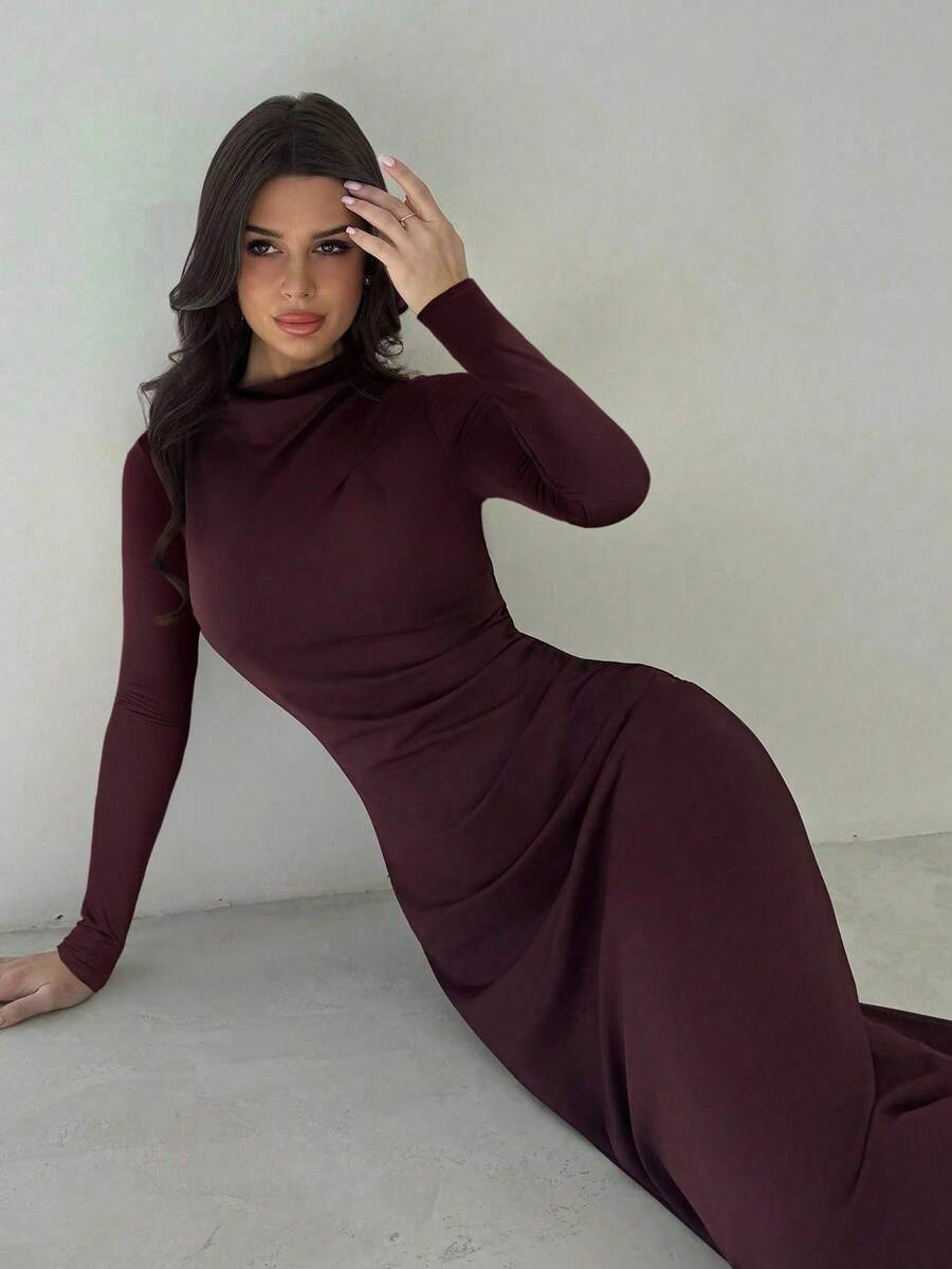 SHEIN Firerie فستان ماكسي عنابي محبوك بخصر مربوط