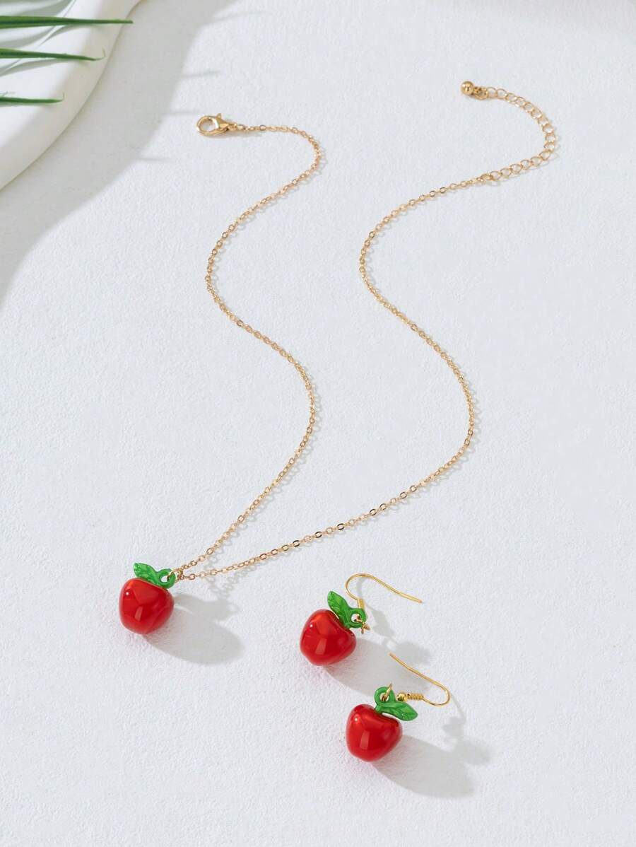 SHEIN طقم مجوهرات قرطان وقلادة بتصميم الكرز والفراولة