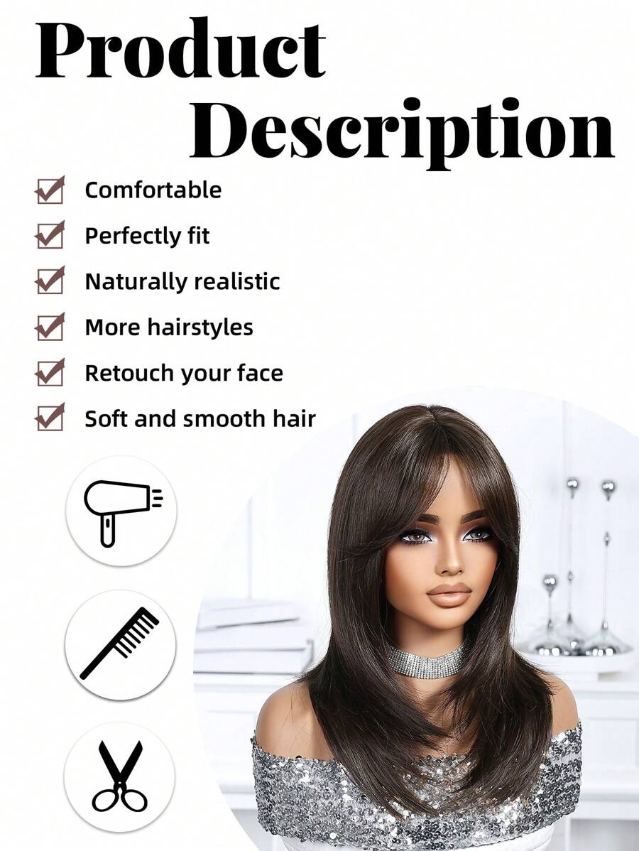 SHEIN باروكة شعر 18 بوصة بلون بني داكن مع غرة مقاومة للحرارة
