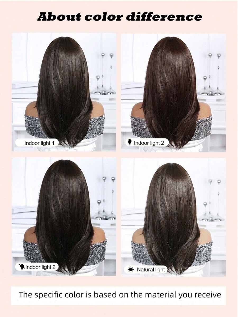 SHEIN باروكة شعر 18 بوصة بلون بني داكن مع غرة مقاومة للحرارة