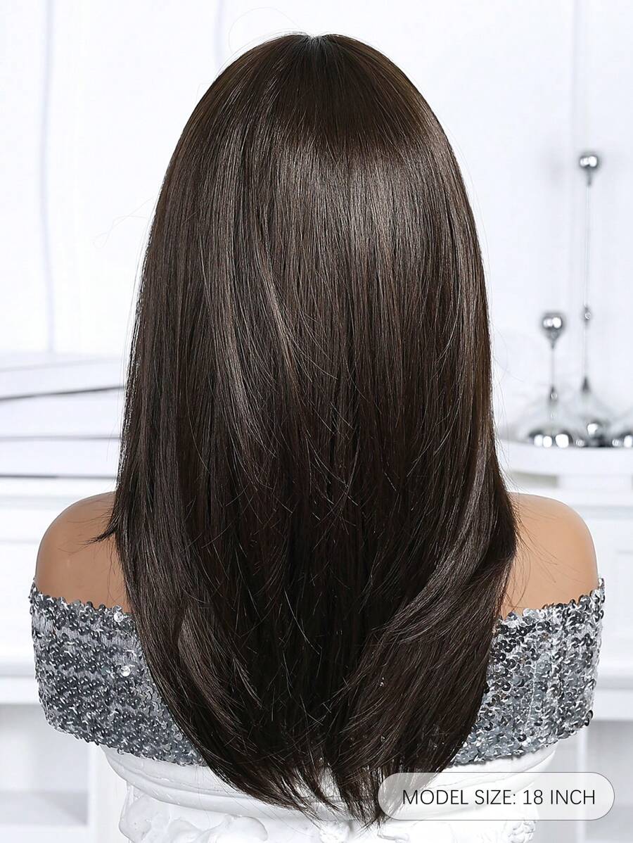 SHEIN باروكة شعر 18 بوصة بلون بني داكن مع غرة مقاومة للحرارة