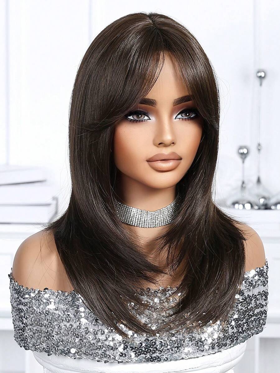 SHEIN باروكة شعر 18 بوصة بلون بني داكن مع غرة مقاومة للحرارة