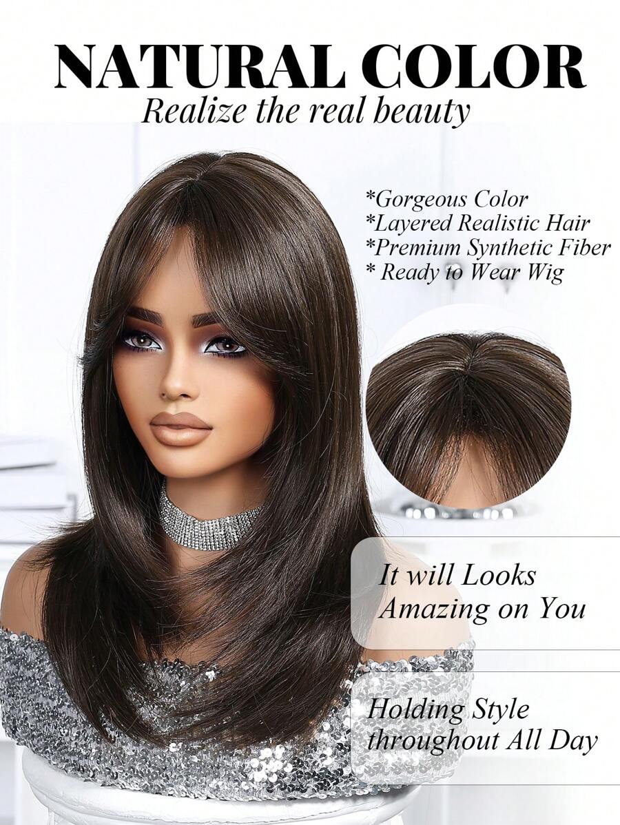SHEIN باروكة شعر 18 بوصة بلون بني داكن مع غرة مقاومة للحرارة