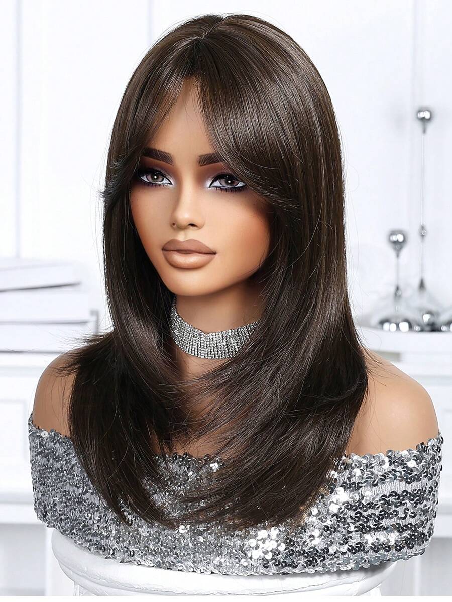 SHEIN باروكة شعر 18 بوصة بلون بني داكن مع غرة مقاومة للحرارة