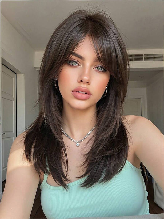 SHEIN باروكة شعر 18 بوصة بلون بني داكن مع غرة مقاومة للحرارة