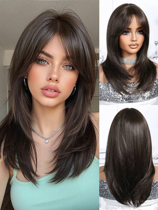 SHEIN باروكة شعر 18 بوصة بلون بني داكن مع غرة مقاومة للحرارة