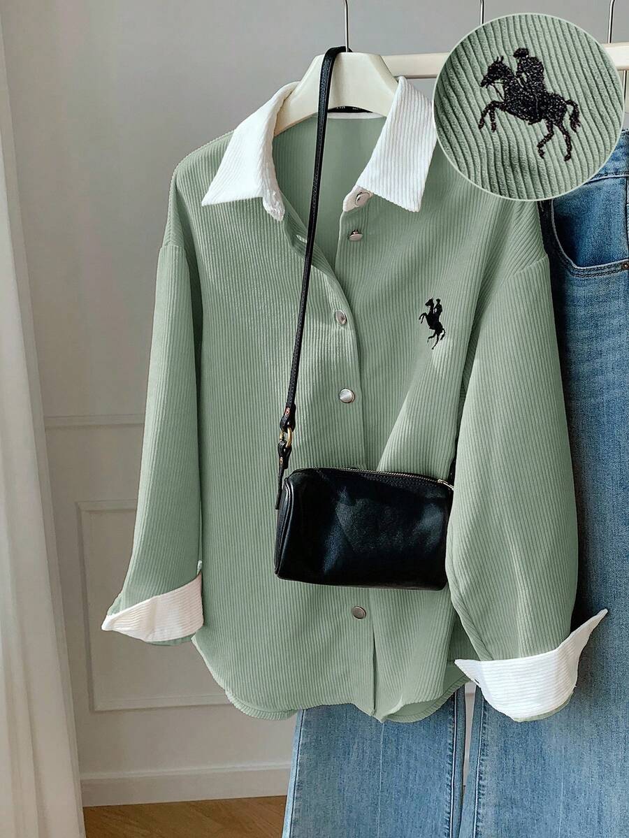 SHEIN Comfortcana جاكيت نسائي خفيف بأكمام طويلة وتطريز حصان