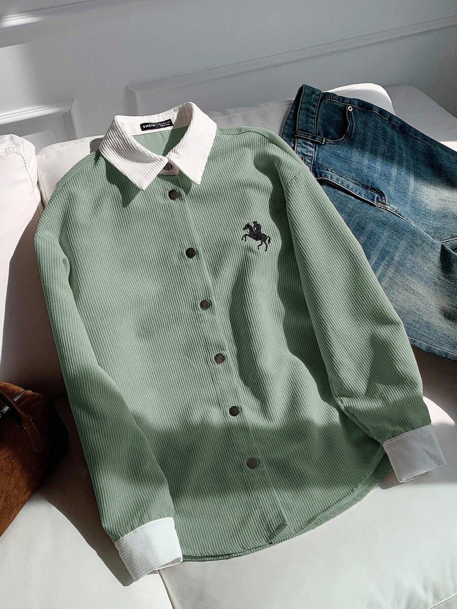 SHEIN Comfortcana جاكيت نسائي خفيف بأكمام طويلة وتطريز حصان