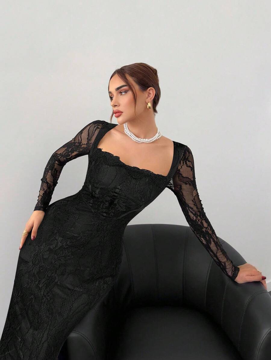 SHEIN Aloruh فستان دانتيل اسود للحفلات