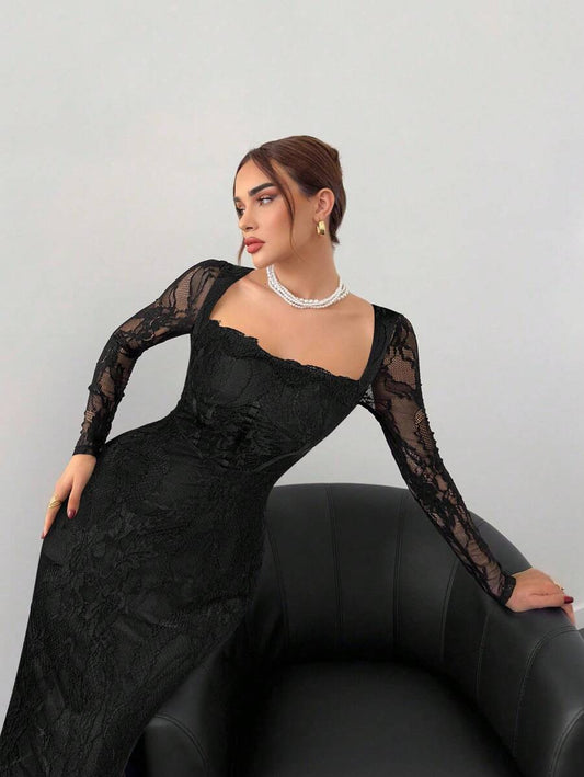 SHEIN Aloruh فستان دانتيل اسود للحفلات