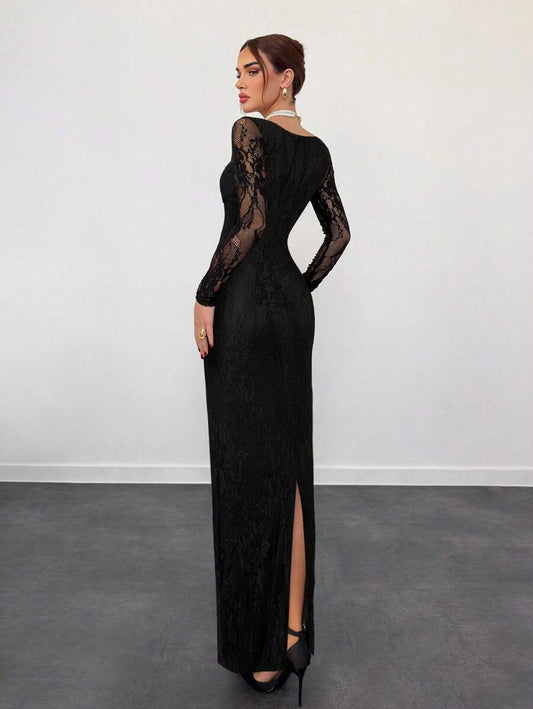 SHEIN Aloruh فستان دانتيل اسود للحفلات