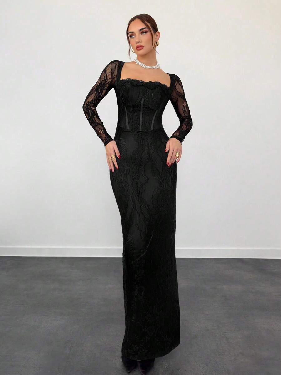 SHEIN Aloruh فستان دانتيل اسود للحفلات