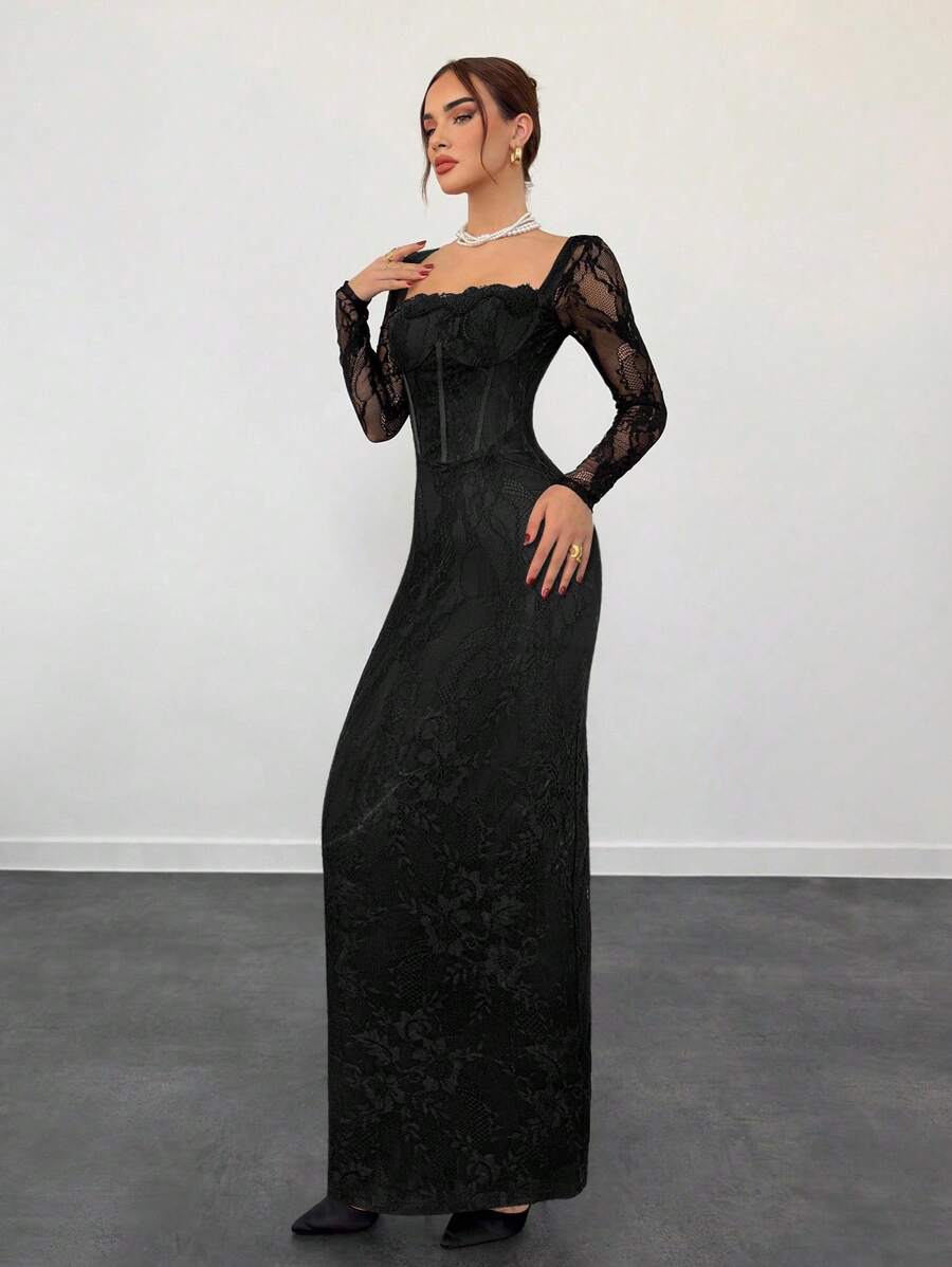 SHEIN Aloruh فستان دانتيل اسود للحفلات