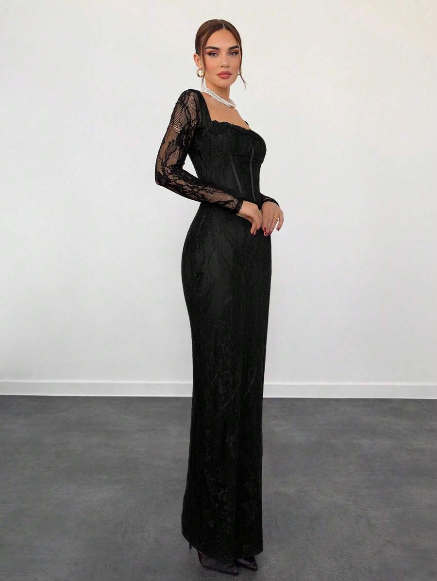 SHEIN Aloruh فستان دانتيل اسود للحفلات