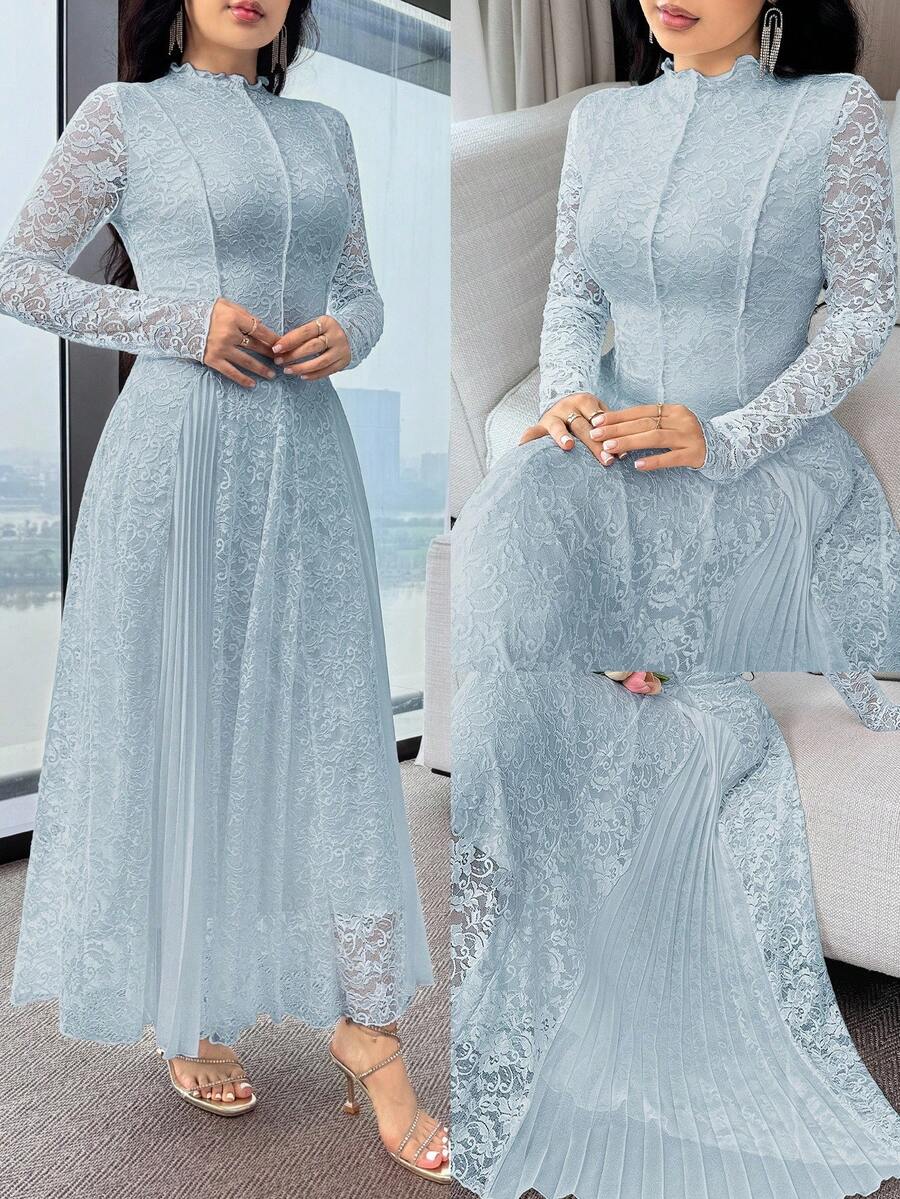SHEIN Feyla فستان ازرق بأكمام طويلة بتطريز زهري ودانتيل
