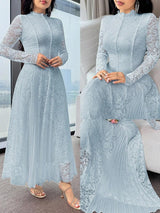 SHEIN Feyla فستان ازرق بأكمام طويلة بتطريز زهري ودانتيل