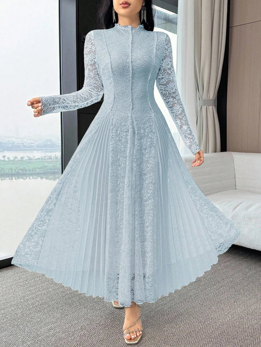 SHEIN Feyla فستان ازرق بأكمام طويلة بتطريز زهري ودانتيل