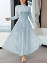 SHEIN Feyla فستان ازرق بأكمام طويلة بتطريز زهري ودانتيل