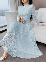 SHEIN Feyla فستان ازرق بأكمام طويلة بتطريز زهري ودانتيل