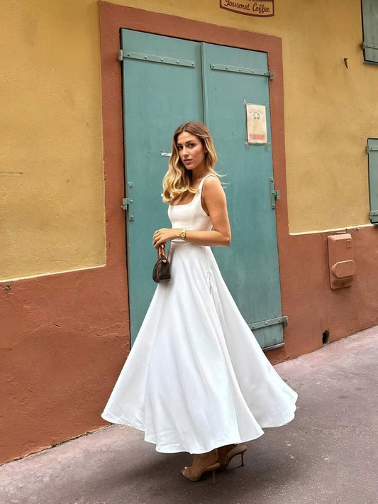 SHEIN FLORIA فستان أبيض سادة كاجوال أنيق بسحاب