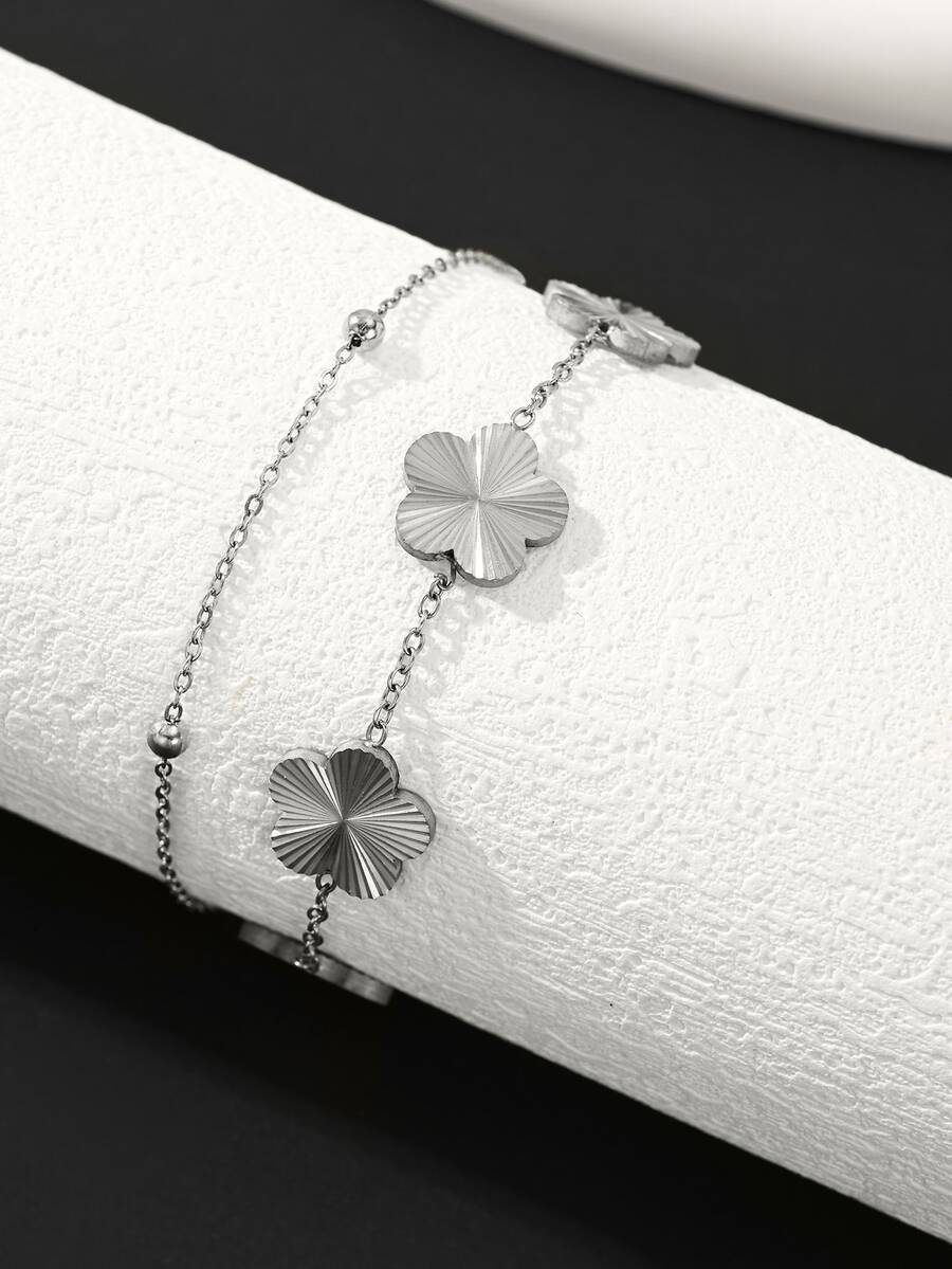 SHEIN خلخال متعدد الطبقات ستانلس ستيل مزين بخرز وبتصميم برسيم