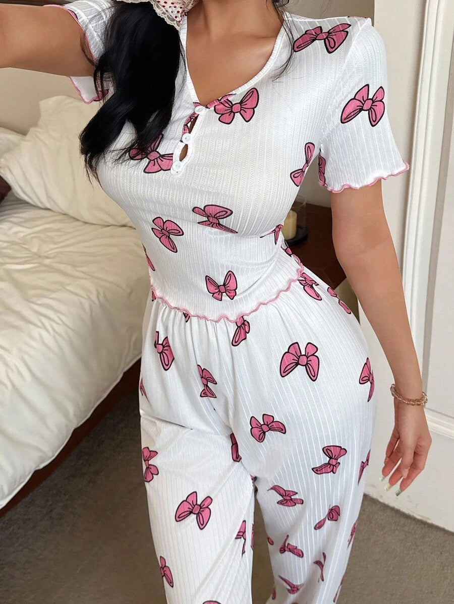 SHEIN طقم بيجامة 2 قطعة بأكمام قصيرة وسحاب مطبوع بشريط وردي