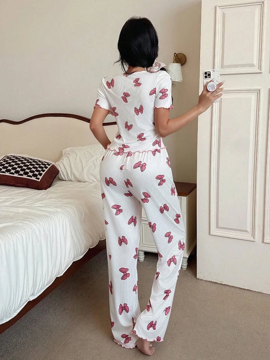 SHEIN طقم بيجامة 2 قطعة بأكمام قصيرة وسحاب مطبوع بشريط وردي