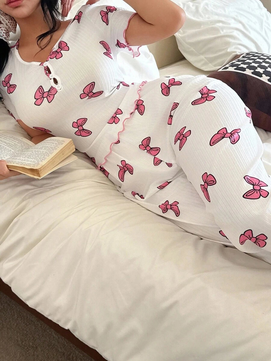 SHEIN طقم بيجامة 2 قطعة بأكمام قصيرة وسحاب مطبوع بشريط وردي