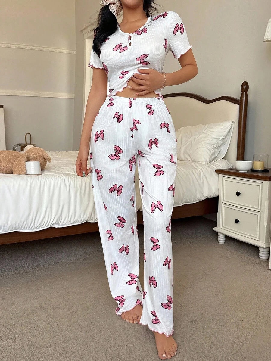 SHEIN طقم بيجامة 2 قطعة بأكمام قصيرة وسحاب مطبوع بشريط وردي