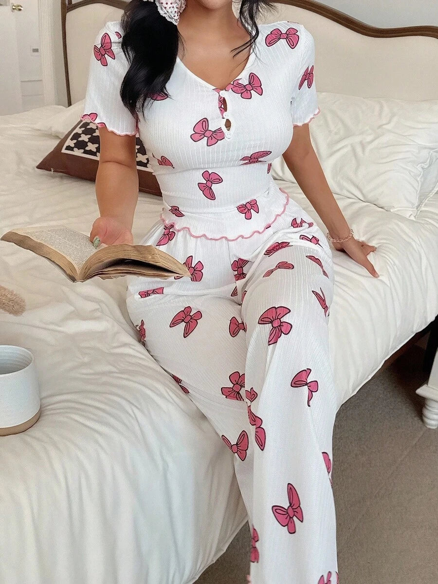 SHEIN طقم بيجامة 2 قطعة بأكمام قصيرة وسحاب مطبوع بشريط وردي