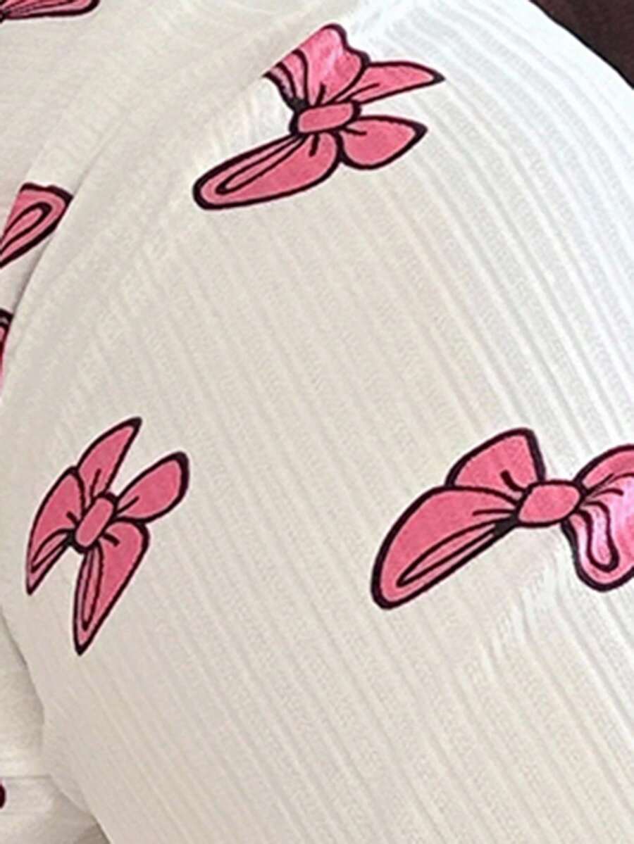 SHEIN طقم بيجامة 2 قطعة بأكمام قصيرة وسحاب مطبوع بشريط وردي