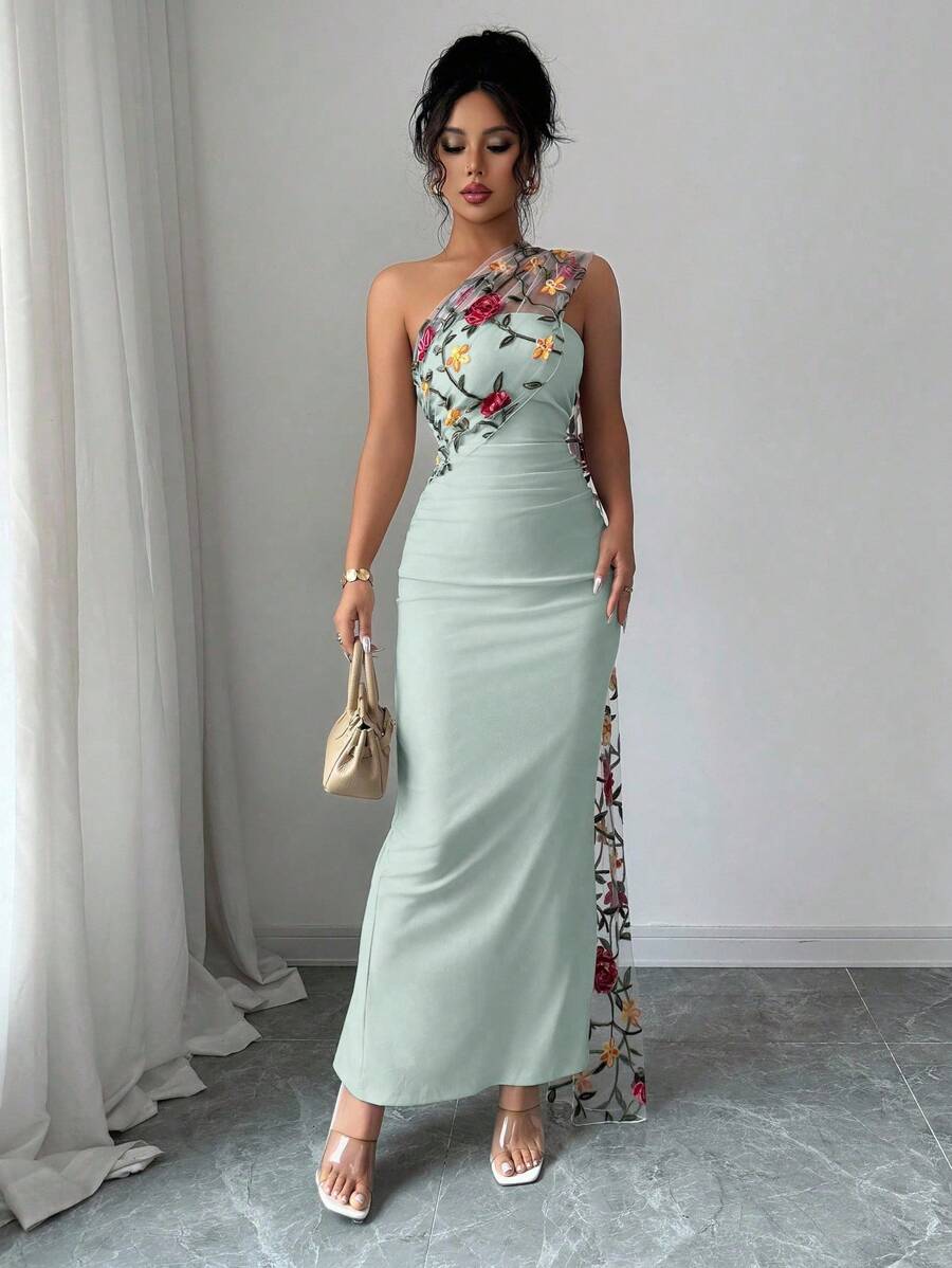 SHEIN Elenzga فستان أخضر شبكي أنيق مطرز