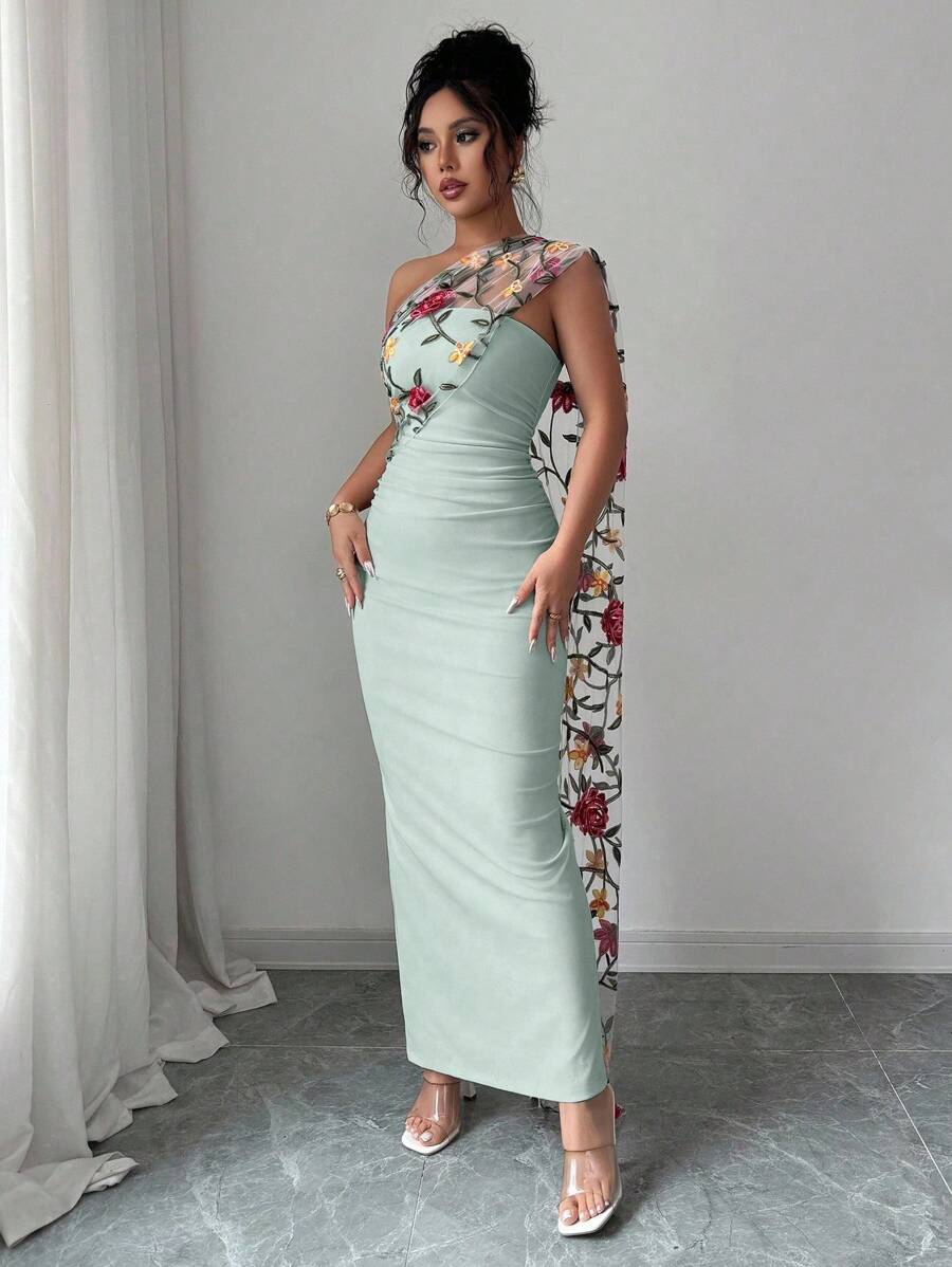 SHEIN Elenzga فستان أخضر شبكي أنيق مطرز