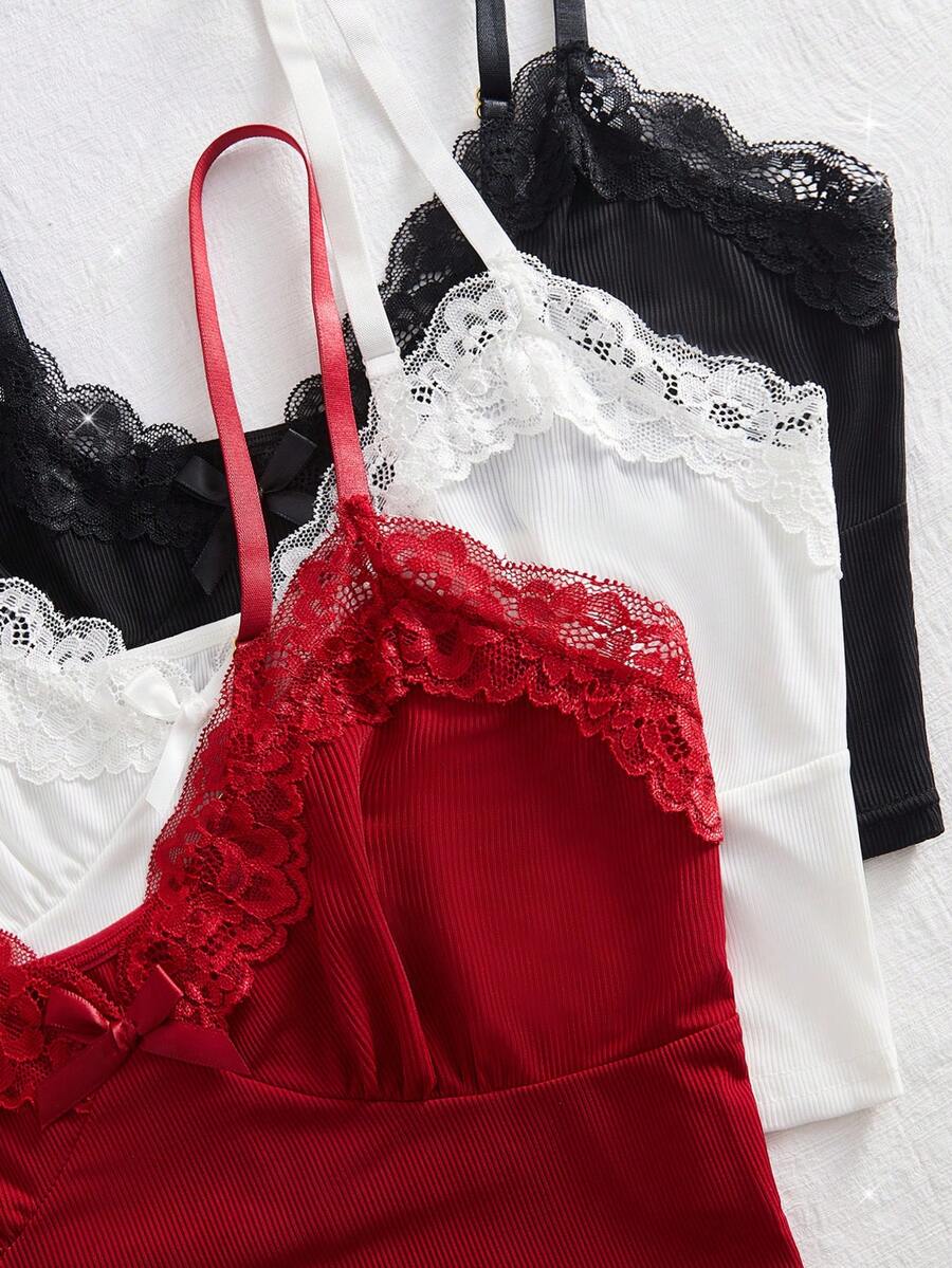 SHEIN طقم لانجري 6 قطع قميص قابل للتعديل وشورت مزين بالدانتيل