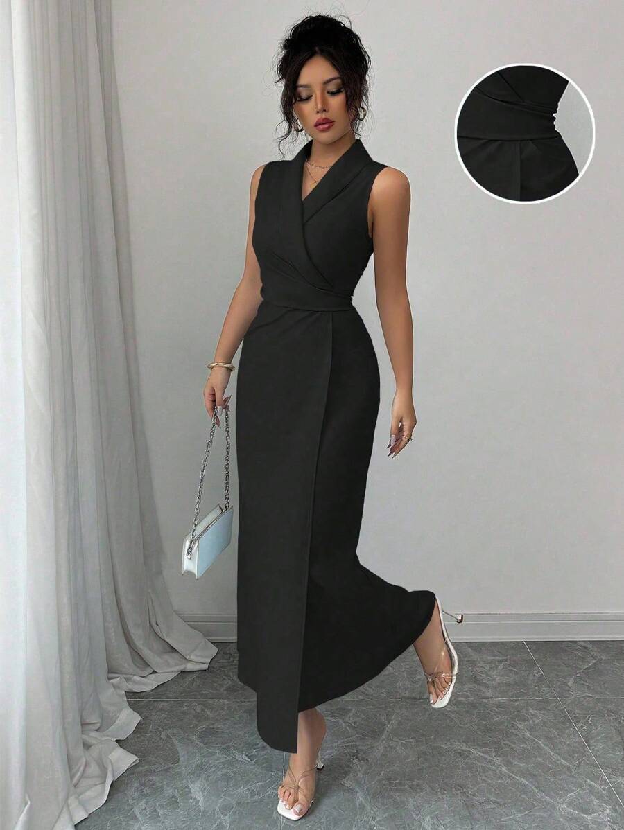 SHEIN Elenzga فستان أسود سادة بدون أكمام أنيق